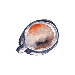 Watercolor illustration of a gray cup for drinks (foreshortening) in a cute cozy Scandinavian style. Painted by hand isolated on a white background.