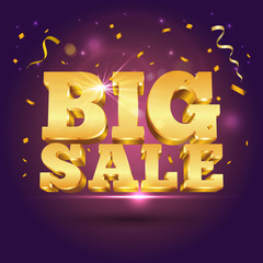 3d vector golden text Big Sale with confetti on purple background. Vector illustration for promotion discount sale advertising