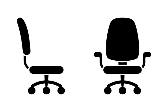 Office chair black and white vector icon pictogram set. Front and side view silhouette