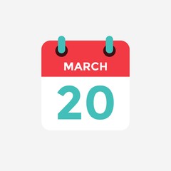 Flat icon calendar 20 of March. Date, day and month. Vector illustration.