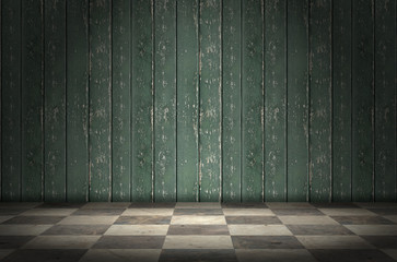 Old Green Wood Wall and Black and White Tiles Floor