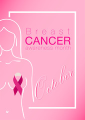 Women s silhouette on Vector Breast Cancer Awareness Calligraphy Poster Design with Stroke Pink Ribbon. October is Cancer Awareness Month. Template for broshure for support and health care