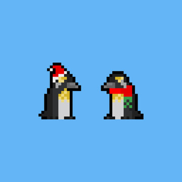 Pixel art cartoon emperor penguin with christmas wearing.