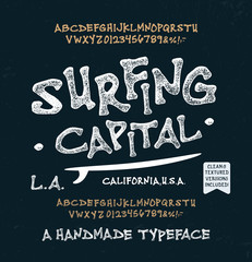 Retro Styled Surf  Font. Vintage Hand Drawn Modern Typeface.  Original Letters and Numbers. Clean & Textured Versions Included.  Vector