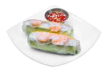 Fresh Spring Roll with shrimps on white background isolated, Vietnamese Food