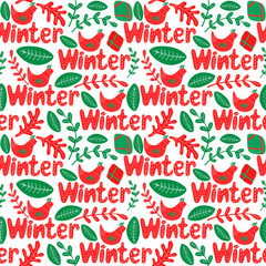 Winter rustic pattern with birds and branches on a white background