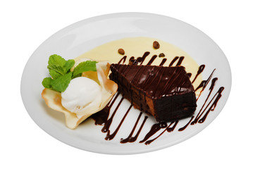 Chocolate Cheesecake with vanilla ice cream on a plate on a white isolated background