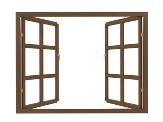 Dark brown open wooden window on white 3d rendering