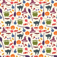 Halloween seamless pattern. Holiday related objects. Witches accessory set. Trick or treat wallpaper. Kids background