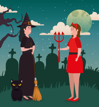 Halloween design with witch and she devil