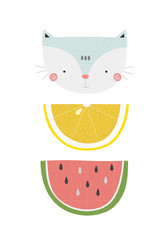 Creative poster with cat's head, lemon and watermelon on a white background. Vector illustration in a scandinavian style.