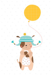 Dog in a hat with a balloon. Vector illustration in a scandinavian style. Funny poster.
