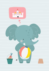 Elephant on the beach. Vector illustration in a scandinavian style. Funny poster. - obrazy, fototapety, plakaty
