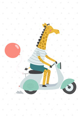 Giraffe on a scooter with a balloon. Vector illustration in a scandinavian style. - obrazy, fototapety, plakaty