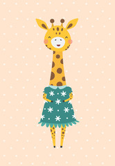 Shy giraffe on an abstract background. Vector illustration in a scandinavian style. Cute and funny poster.