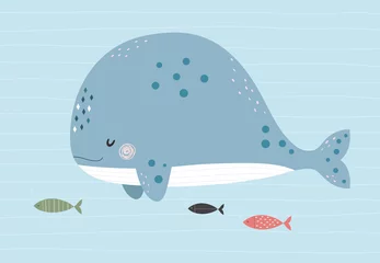 Fototapete Wal Wal und Fische im Ozean. Vektorillustration im skandinavischen Stil mit einfachem Hintergrund. Lustiges süßes Poster. g