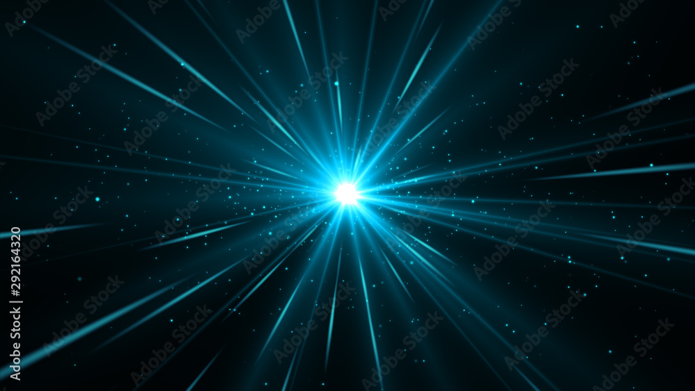 Wall mural blue burst in center with beams of light and particles. magic rays with dust.