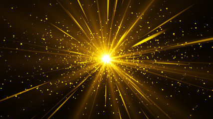 Golden beams of light with particles go from center. Abstract background for holiday and celebration. Golden magic sparkles.