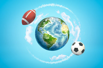 3d rendering of brown american football ball and soccer ball flying around earth globe on blue background