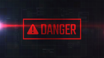 Alert message with word danger and exclamation mark inside. Red lights. Futuristic interface. HUD.
