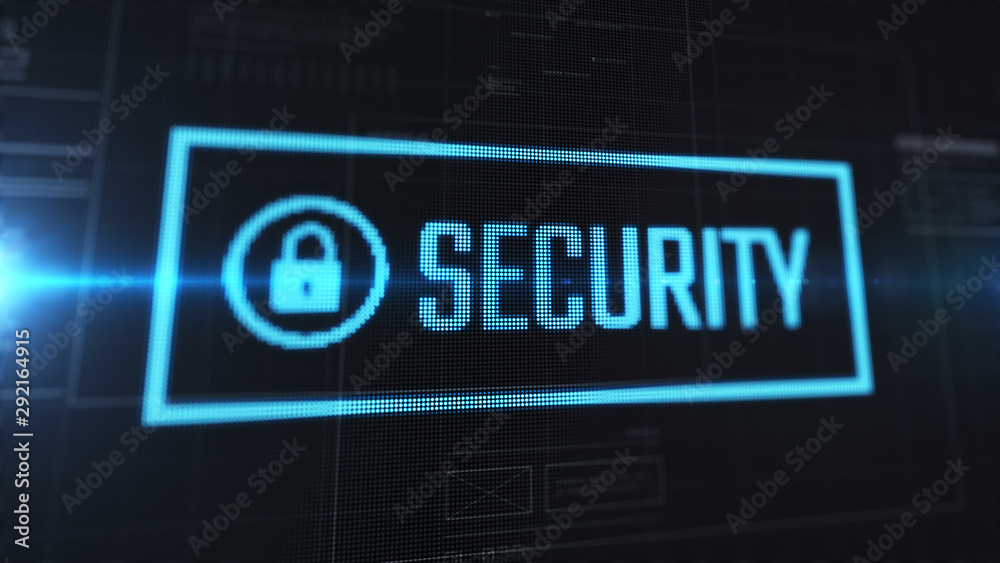 Poster security label with lock icon. futuristic interface popup. close up display view with pixels.