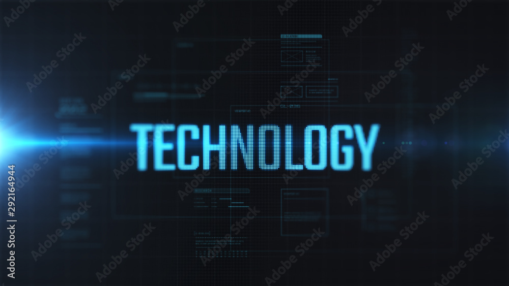 Poster technology word with hud. digital cyber space abstract futuristic background. lcd text effect.