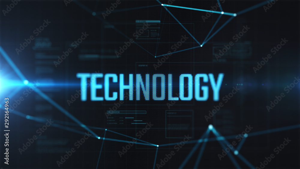 Poster technology lcd text on the screen. hud elements with abstract plexus. cyber futuristic background.