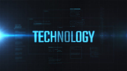 Technology word with HUD. Digital cyber space abstract futuristic background. LCD text effect.