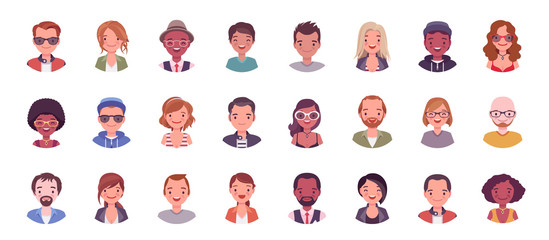 Fototapeta People avatar big bundle set. User pic, different human face icons for representing person in a video game, Internet forum, account. Vector flat style cartoon illustration isolated on white background obraz
