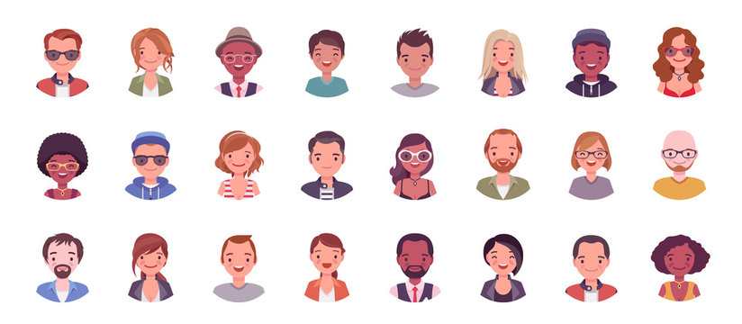 People avatar big bundle set. User pic, different human face icons for representing person in a video game, Internet forum, account. Vector flat style cartoon illustration isolated on white background