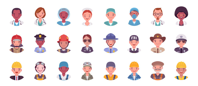 People in different profession avatar big bundle set. Emergency service workers face icons for gaming, online communities, Web forums. Vector flat style cartoon illustration isolated, white background