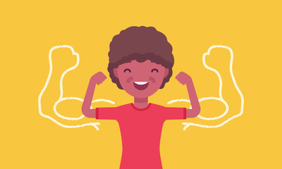 Strong black boy showing off biceps. Happy schoolboy athlete trying to impress with muscles, kid enjoys sport, healthy lifestyle to grow in great physical power. Vector flat style cartoon illustration