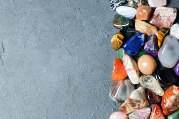 Collection of colored minerals. The texture of the stone. Copy space