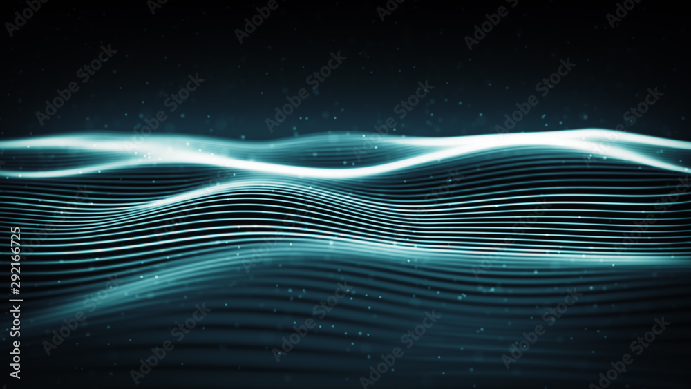 Wall mural abstract digital wave with particles in a cyber space. futuristic wavy surface.