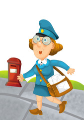cartoon scene with postman woman on pavement on white background - illustration for children