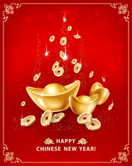 Happy Chinese New Year. Greeting card with realistic gold ingots Yuan Bao and falling coins on red background in frame. The wish of wealth, abundance and monetary luck. Vector illustration