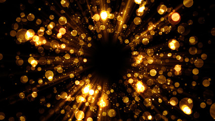 Golden vortex abstract background with lights and glitter particle for holiday celebration. Glamour bokeh. Winner congratulation. Greeting screen texture.