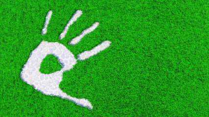 Concept or conceptual stone paving  handprint on grass background.  A metaphor for ecology, environment, recycle, nature conservation, spring or protection against global warming 3d illustration