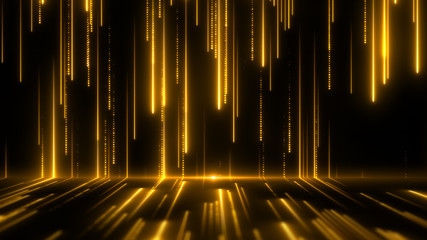 Luxury space. Wall of glitter particles. Bright golden neon rays moving on the floor. Glamour surface abstract background.