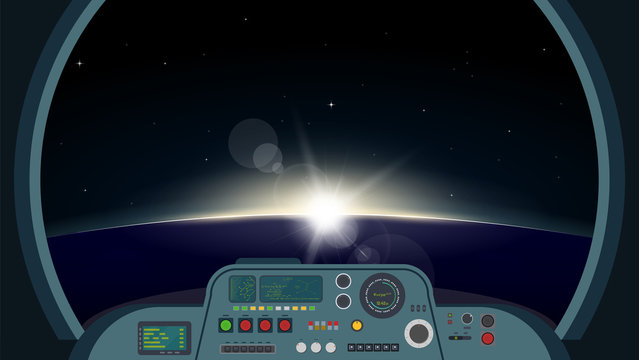 Inside spaceship view. Space futuristic ship interior with control panel with buttons, lights and monitors. View on planet on orbit with sunrise through main window. Spaceship vector illustration.
