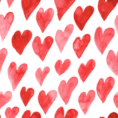 Fototapeta na wymiar Watercolor seamless pattern. Many hearts isolated on white background. Pink and red background for Valentain day, love. For prints, invitation, wedding design, printing on fabric..