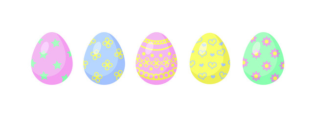 A collection of Easter eggs in pastel colors on a white background. Flat style. Vector set of eggs for design banner, greeting card.