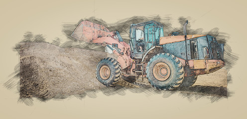 Plakat sketch of yellow excavator on a construction site. wheel loader at sandpit during earthmoving works