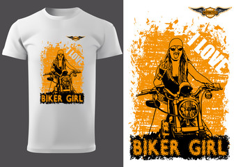 White T-shirt Design with Motorcyclist Woman and Inscriptions - Graphic Design for Printmaking T-shirt or Poster and etc., Vector