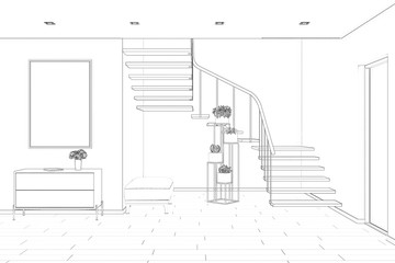 3d illustration. Sketch of entrance hall with stairs, picture, stand, bench and plants. Front view
