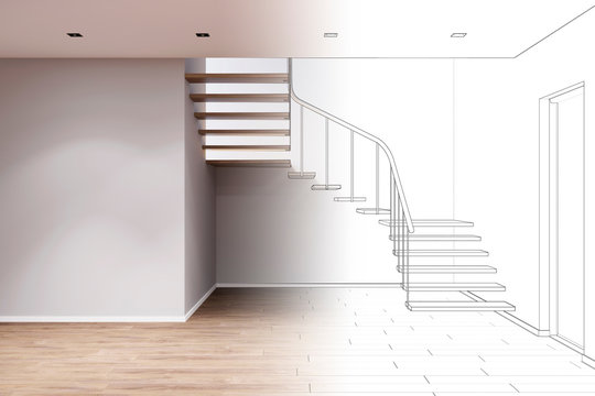 3d illustration. Sketch of an empty entrance hall with stairs became real interior. Front view