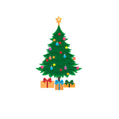 Decorated Christmas tree. Christmas gift. Vector illustration