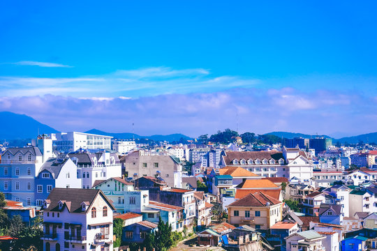 A great view of Da Lat city from a coffee shop. Royalty high quality stock image of Da lat city. Da Lat city is a popular tourist destination.