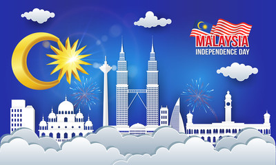 Vector illustration of malaysia Independence Day celebration with city skyline, malaysia flag in paper cut style