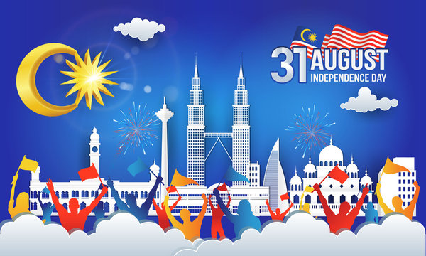31 August. Vector illustration of malaysia Independence Day celebration with city skyline, malaysia flag and crowd of peoples in paper cut and digital craft style